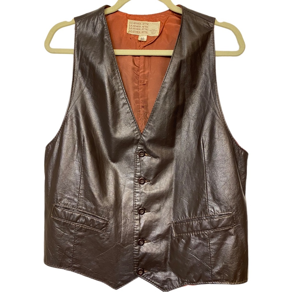 VTG Leather Vest Brown button up pockets Leather Attic Sz S EU 40 lined Unisex